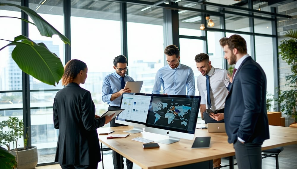 Business professionals receiving IT support and collaborating on digital devices Business professionals receiving IT support and collaborating on digital devices